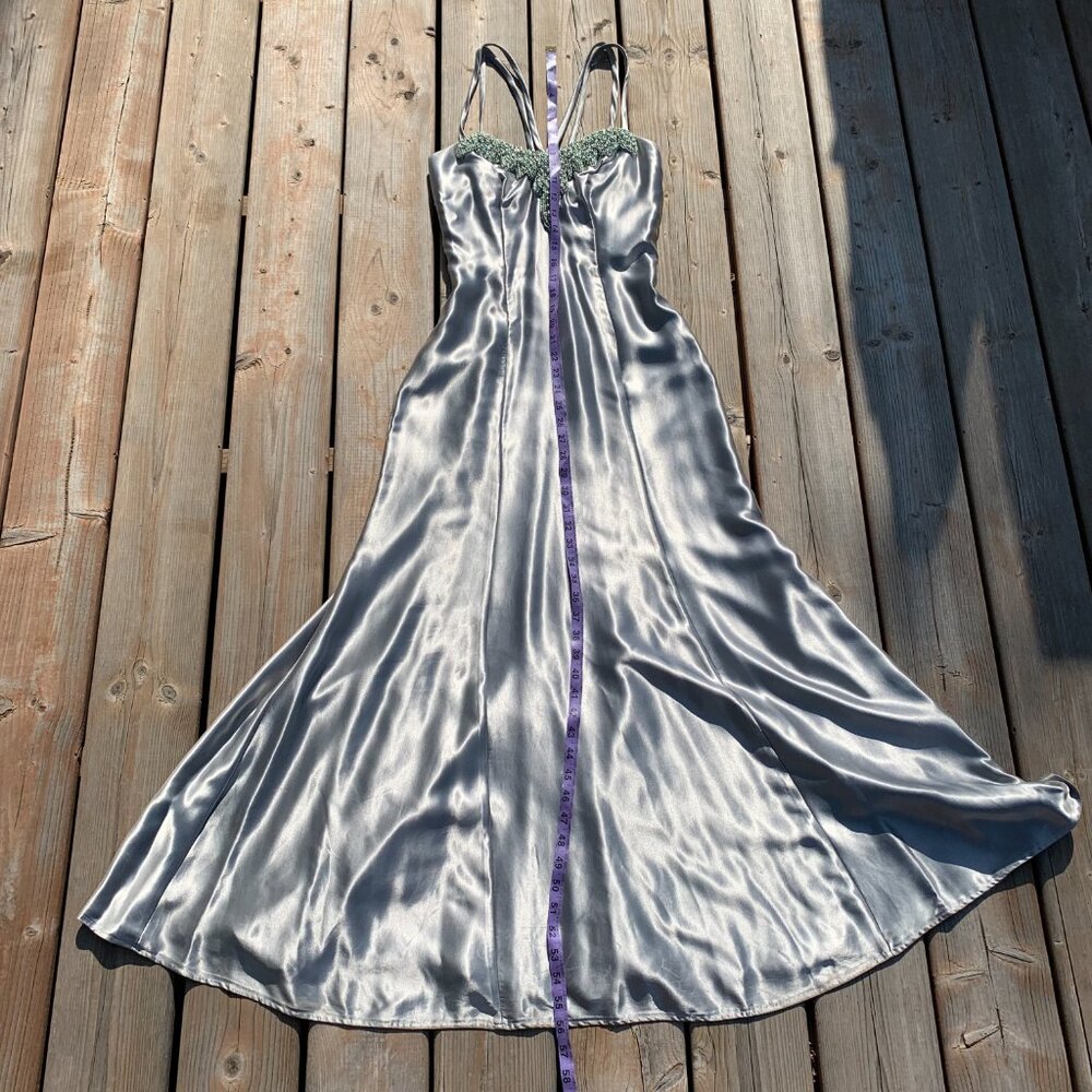 Vintage Silver Satin Maxi Dress with Beaded Bodice Grad Prom dress - Picture 14 of 16